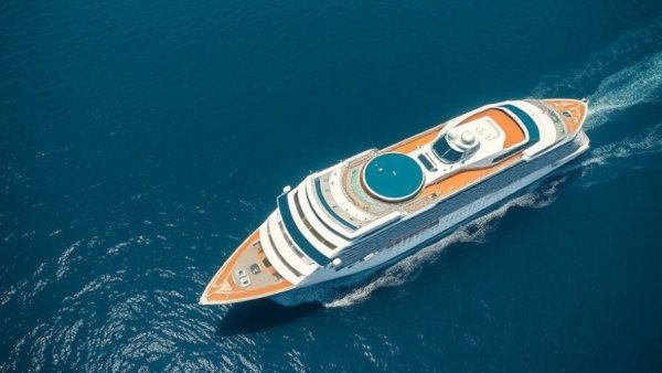 Cruise ship sailing on open sea, serene maritime scene.