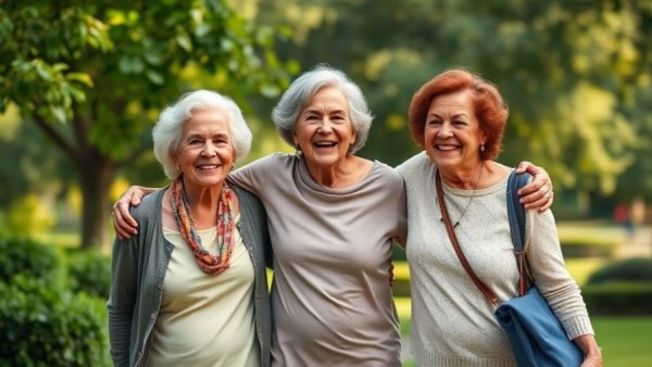 Three older women enjoying micro-walks benefits for health in a park.
