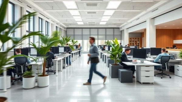 Modern office with glass partitions and green plants supporting health and wellness.