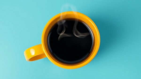 Steaming black coffee cup for weight loss in yellow mug on blue background.