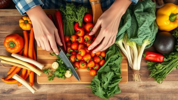 Fresh vegetables being sliced on a board, promoting health over ultra-processed foods.