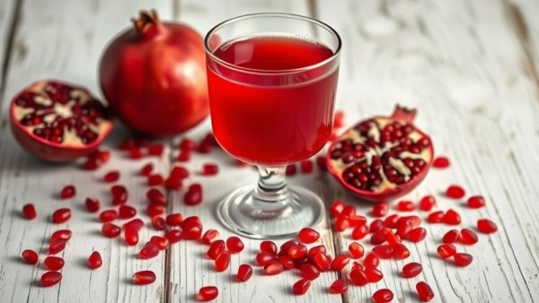 Glass of pomegranate juice with seeds on rustic table, vibrant colors.