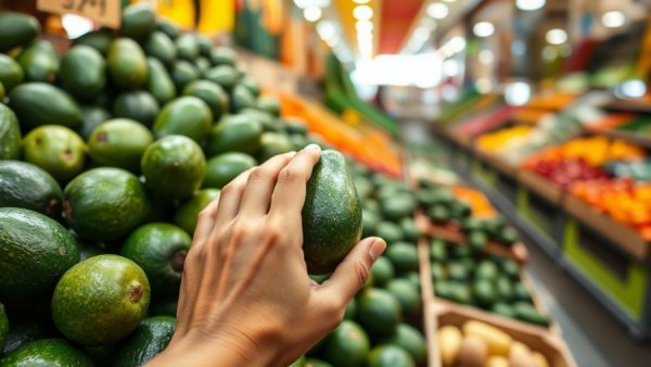 Hand choosing avocado for balanced blood sugar diet.