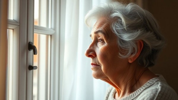 Older woman looking out window, early warning signs of dementia.