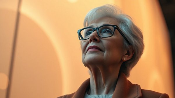 Confident older woman with glasses in abstract design, Living with HIV