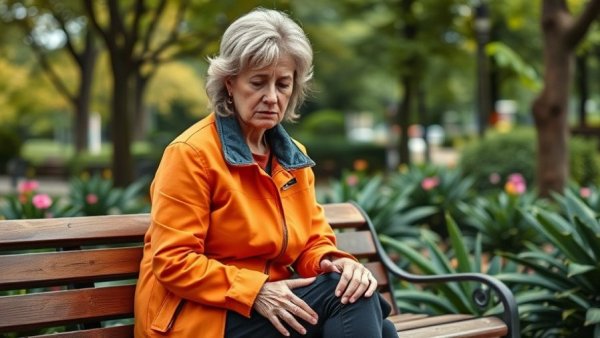Middle-aged woman in orange jacket sitting on bench touching knee, photorealistic.