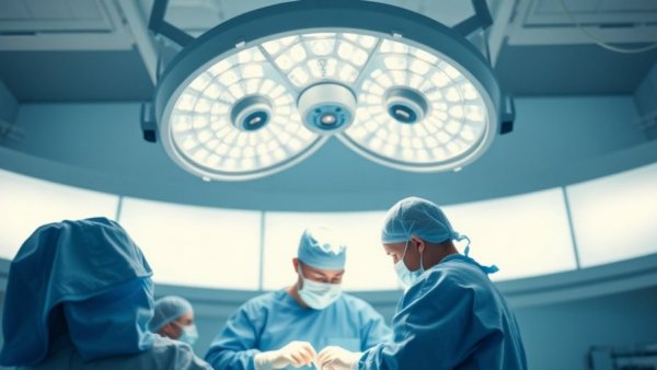 Surgeons in an operating room with large surgical lights.