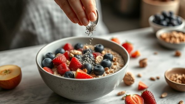 Healthy eating: person adds chia seeds to oatmeal with fresh fruits.