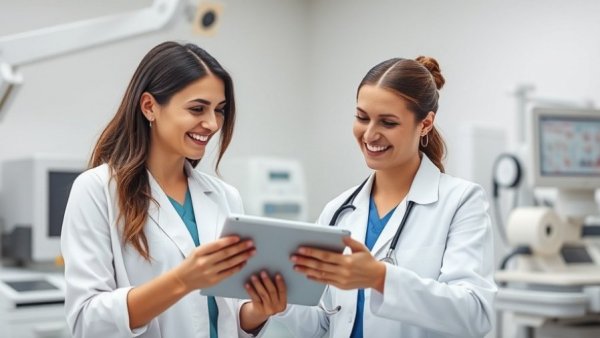 Professional women discussing data on tablet in clinical setting.