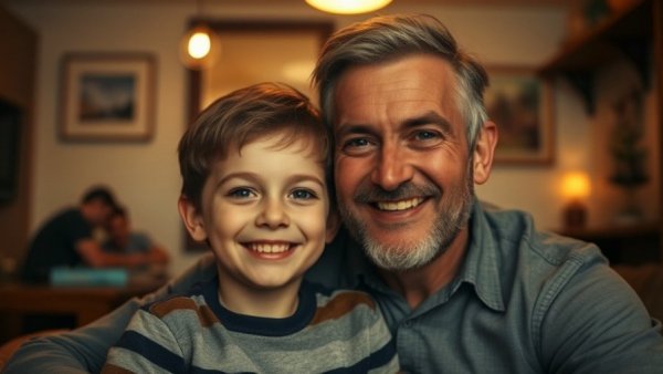 Father and son sharing a smile in a vintage family photo.