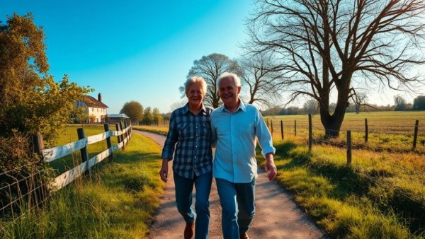 Older couple walking for weight management in a sunlit rural setting.