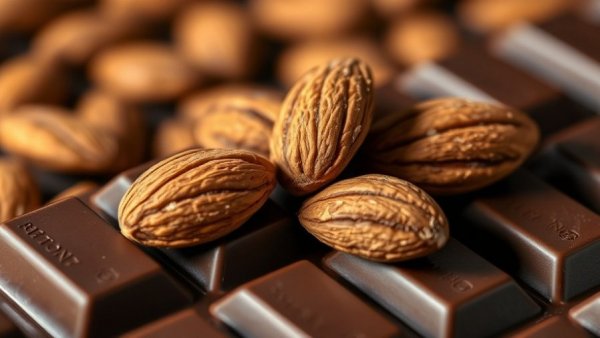 Whole almonds on dark chocolate, emphasizing rich textures and tones.