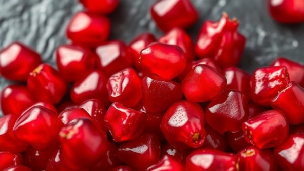 Fresh pomegranate arils on halved fruit on dark slate.
