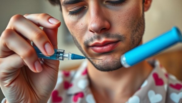Person using injection pen in heart-patterned pajamas, GLP-1 Drugs.