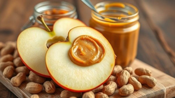 Post-workout snacks: apple with peanut butter in rustic setting.