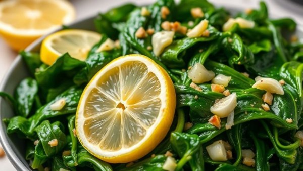 Sauteed spinach with garlic and lemon slices, healthy meal.