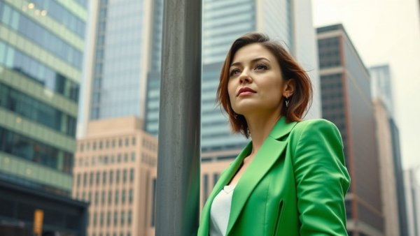 Woman feeling lightheaded in city, leaning on a pole with eyes closed.