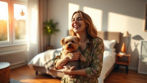 A young woman yawns while cuddling a dog in bed, illustrating sleep health.