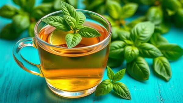 Aromatic tulsi tea in glass cup showcasing respiratory health benefits.