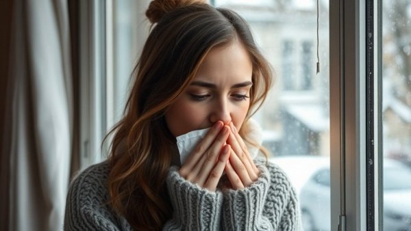 Woman with cold sneezing in bright room, exploring nutrition research.