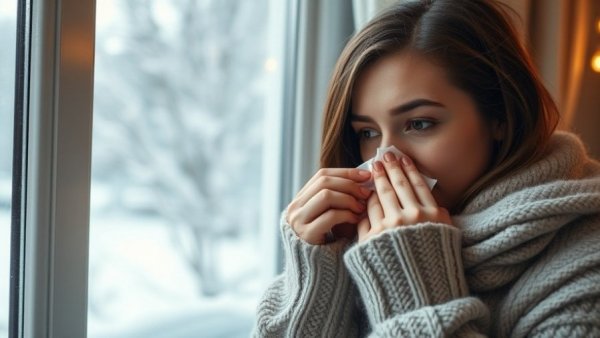 Woman with a cold using a tissue by the window.
