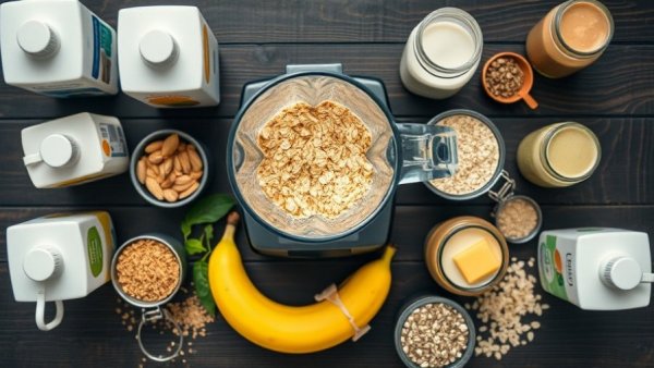 Healthy smoothie ingredients like bananas and oats ready in a blender.