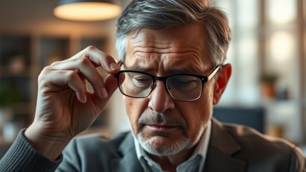 Middle-aged person with eye discomfort holding glasses at desk, illustrating health conditions that can affect your eyes.