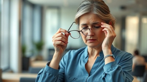 Middle-aged woman rubbing eye, concerned about eye health, in office.