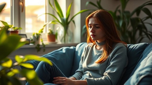 Young woman experiencing migraine, sitting on couch with sunlight and plants.