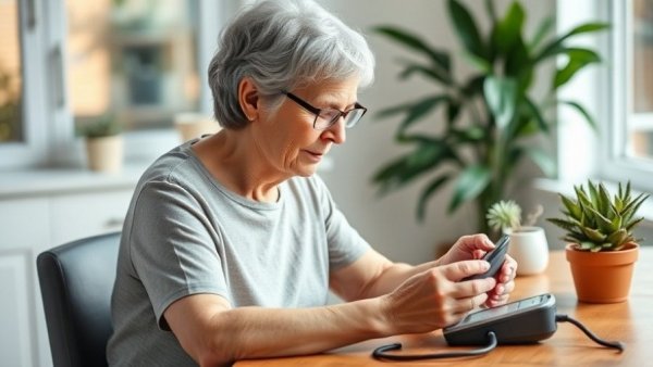 Elderly woman checking blood pressure using monitor, GLP-1 drugs context.