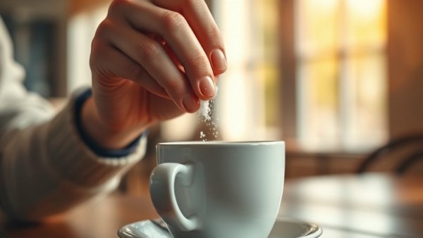 Person adding sugar to coffee, discussing how to balance blood sugar with diet.