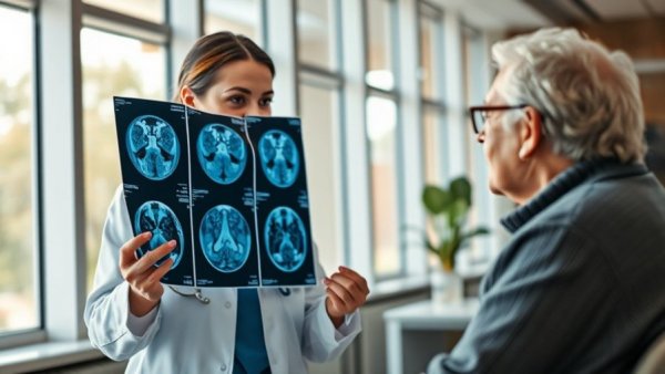 Doctor explains MRI results to elderly patient about high salt intake effects.