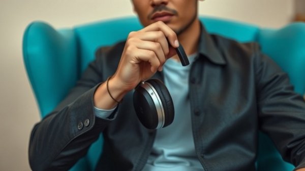 Hands holding headphones over a turquoise chair, GLP-1 medications food noise weight management concept.