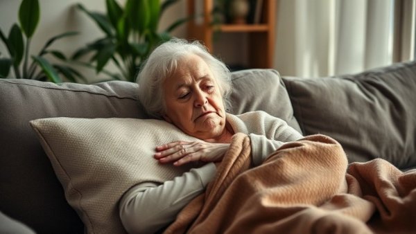Elderly woman experiencing chronic inflammation symptoms resting on sofa.