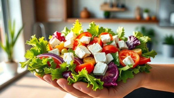 Fresh salad in hand with greens and vegetables in a sunlit kitchen.