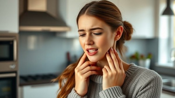 Young woman with strep throat symptoms holding neck in kitchen.