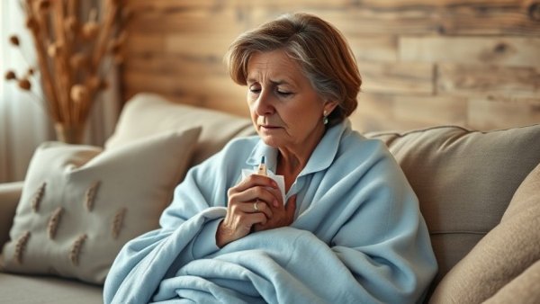 Middle-aged woman with flu symptoms holding thermometer and tissue.
