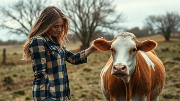 Woman interacting with cow in rural setting, Lyme disease misdiagnosis theme.