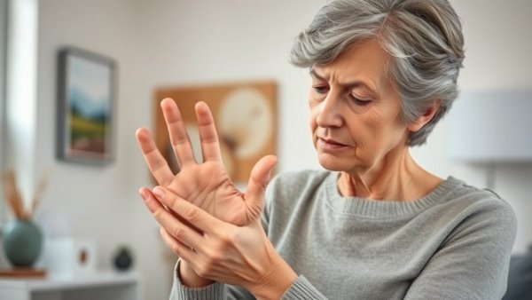 Mature woman showing signs of calcium deficiency, checking her hand.