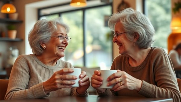 Women over 40 laughing over coffee in a cozy cafe.