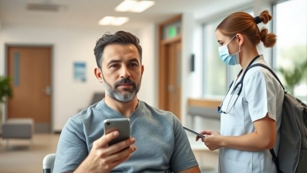 Man in clinic discussing colorectal cancer screening options.