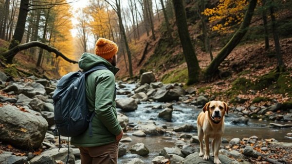 Person and dog exploring forest stream, potential tick risks.