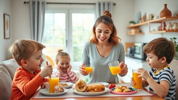Healthy eating for busy moms with children at breakfast