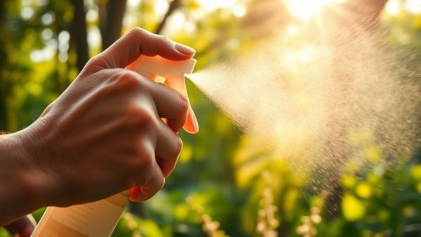 Hands spraying repellent in garden to avoid mosquitoes.