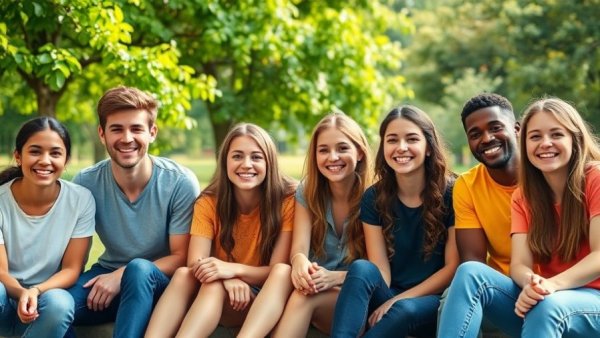 Diverse teens sitting outdoors sharing laughs, managing eczema at school.