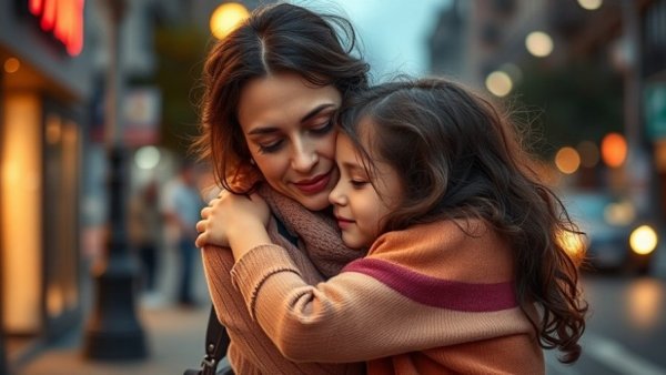Mother comforting daughter on city street, managing eczema emotions.