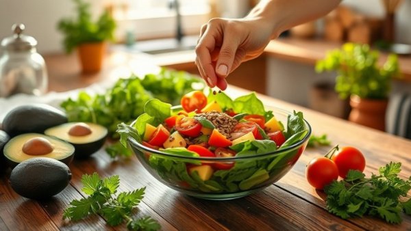 Nutrient-rich foods: person preparing healthy salad with seeds.