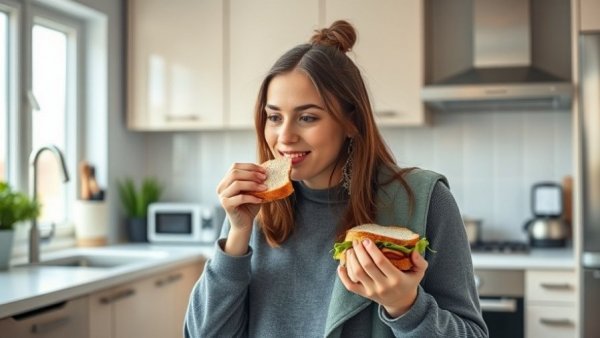 Young woman enjoying healthy eating in a cozy kitchen.