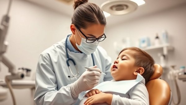 Pediatric dentist near me providing a checkup to a calm child in a clinic.