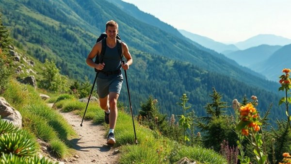 Hiking with poles to improve blood circulation on a lush trail.